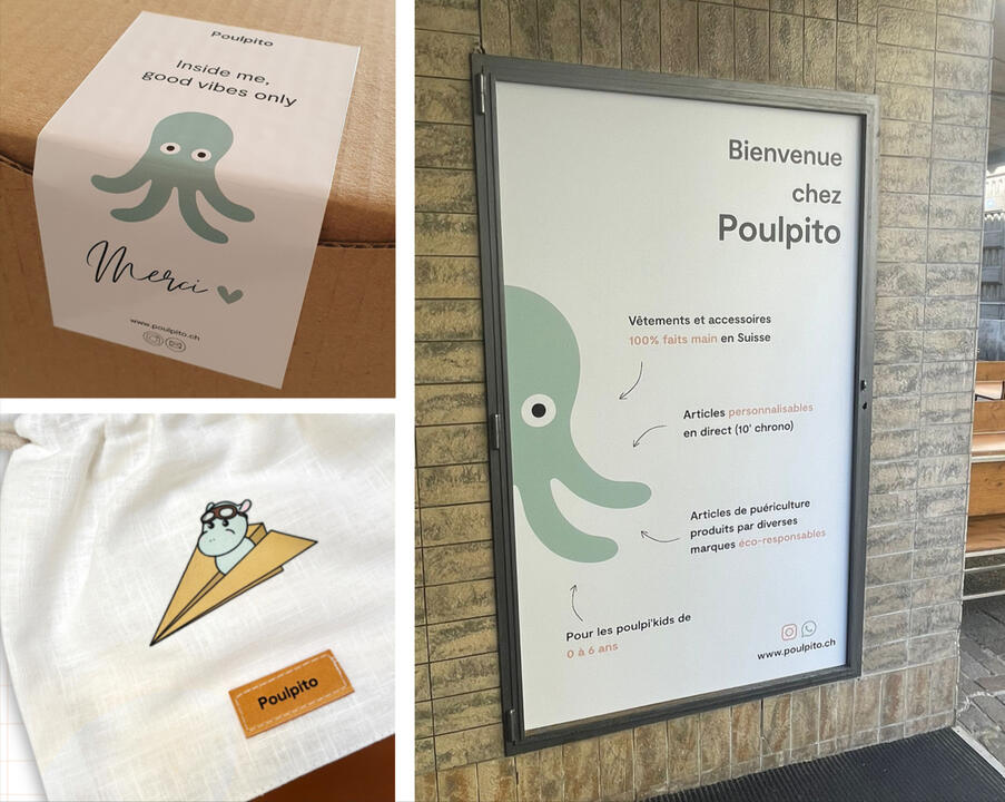 Création de dessins et supports de communication pour les boutique Poulpito